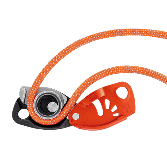 NEOX Belay device with cam-assisted blocking, optimized for lead climbing, orange